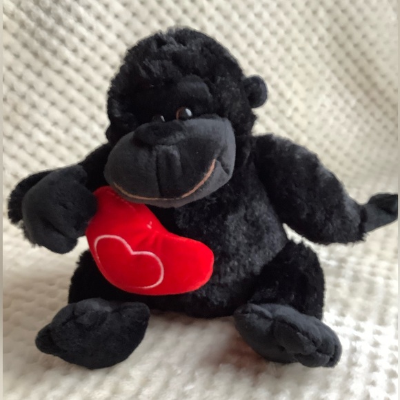 Soft Plush Black Gorilla holding Red Heart Pillow Valentines Stuffed Animal Toy - Picture 3 of 13